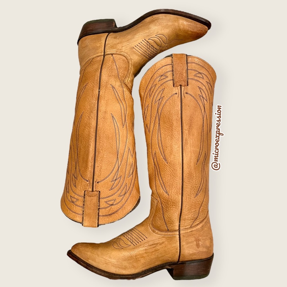 $399 Frye Billy Pull On Tan Leather Embroidered Tonal Stitch Tall Cowboy Boots - Picture 5 of 16